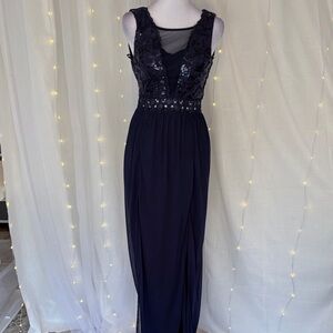 BCX Navy Sequin Mesh Bodice Maxi Dress